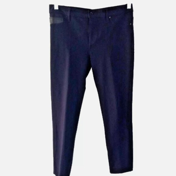Calvin Klein Knit Jeans Women’s Pants Sz 10 Navy Stretch Leather Trim Tapered - Picture 2 of 14